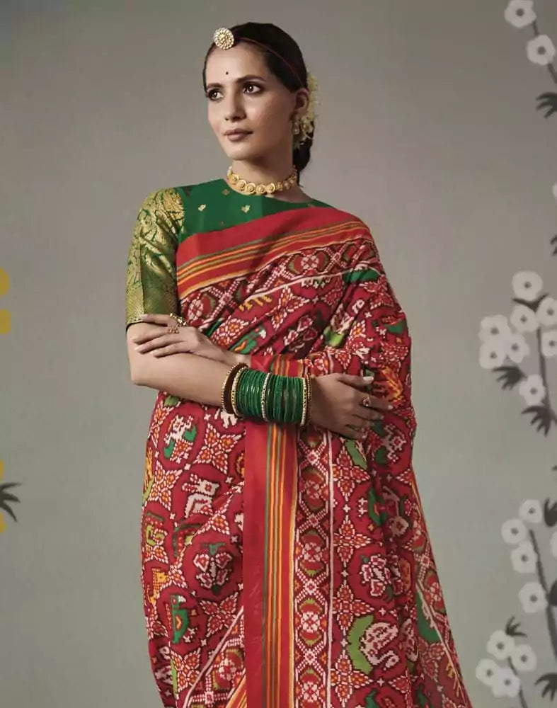 Image of Red Ikat Print Patan Patola Saree