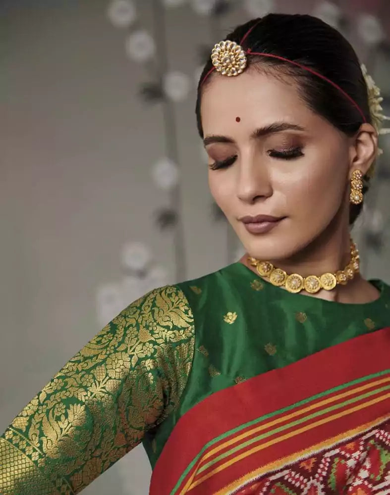 Image of Red Ikat Print Patan Patola Saree