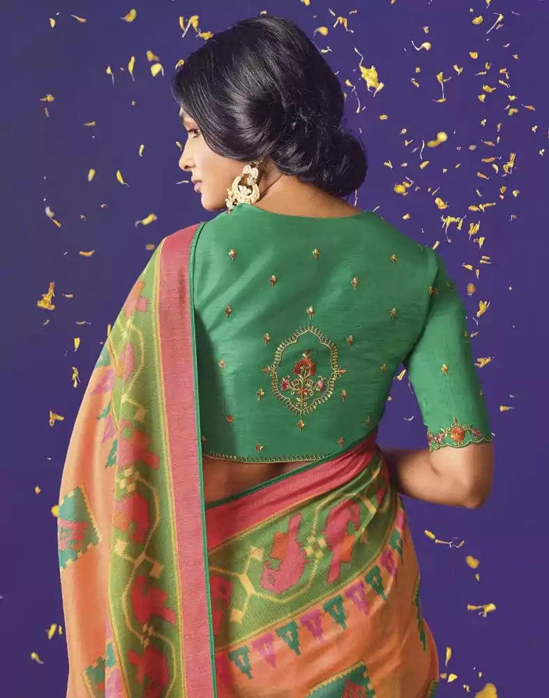 Image of Light Orange Botanical Weave Chiffon Saree
