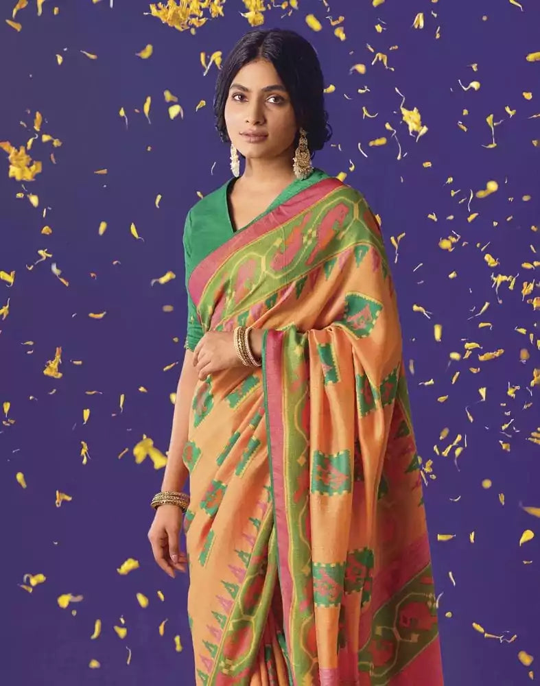 Image of Light Orange Botanical Weave Chiffon Saree