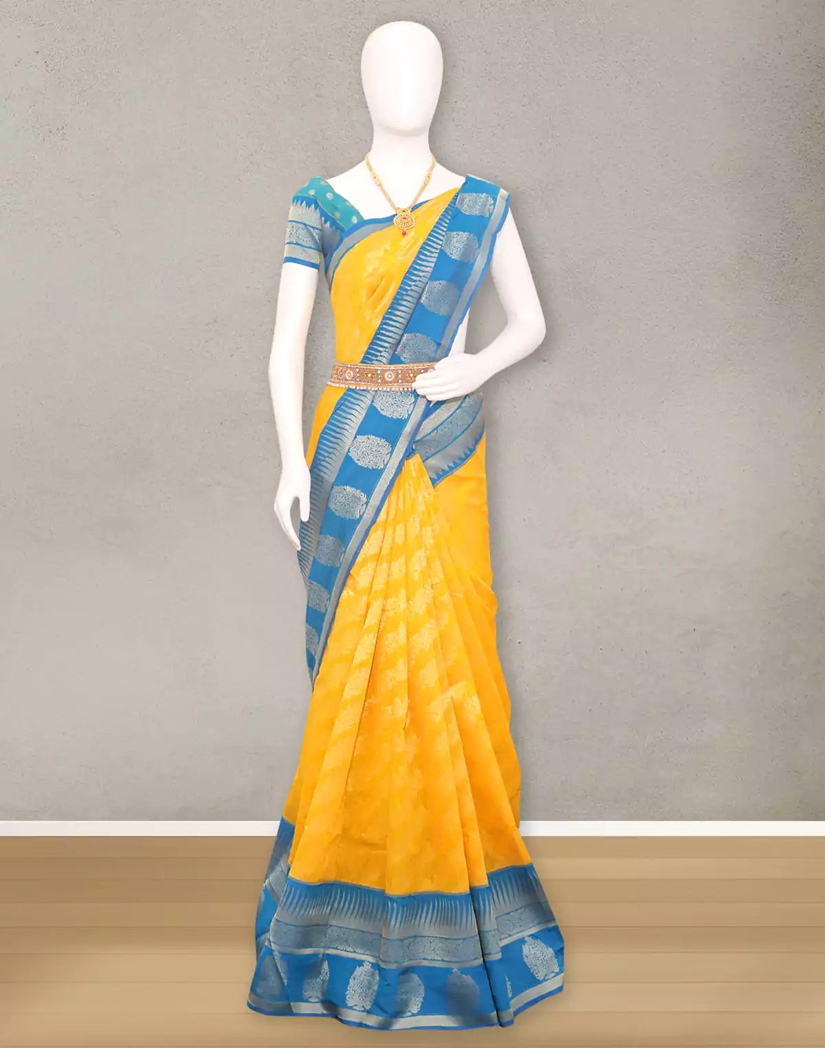 Image of Yellow coloured Floral bunches Sico Cotton Silk Saree