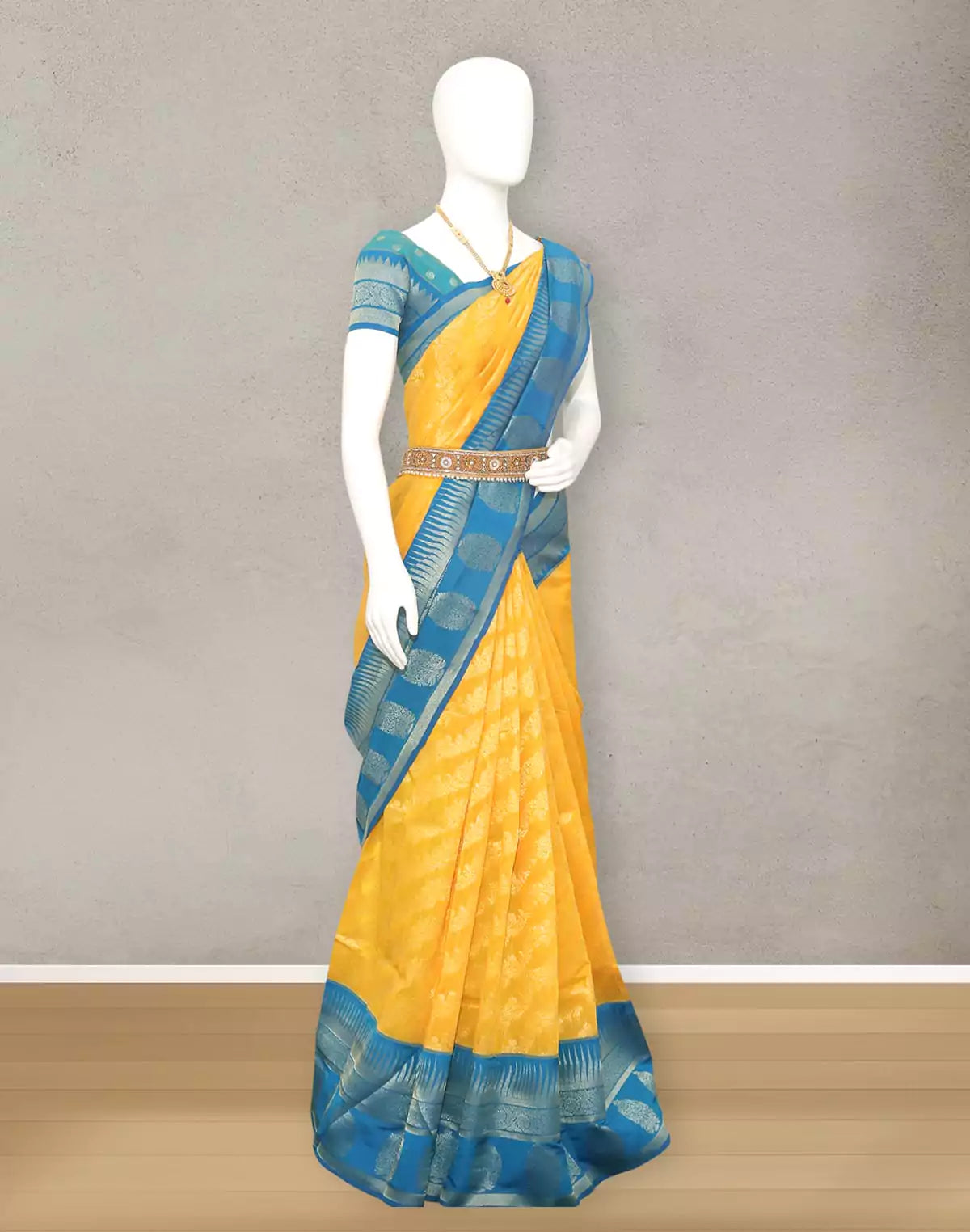 Image of Yellow coloured Floral bunches Sico Cotton Silk Saree