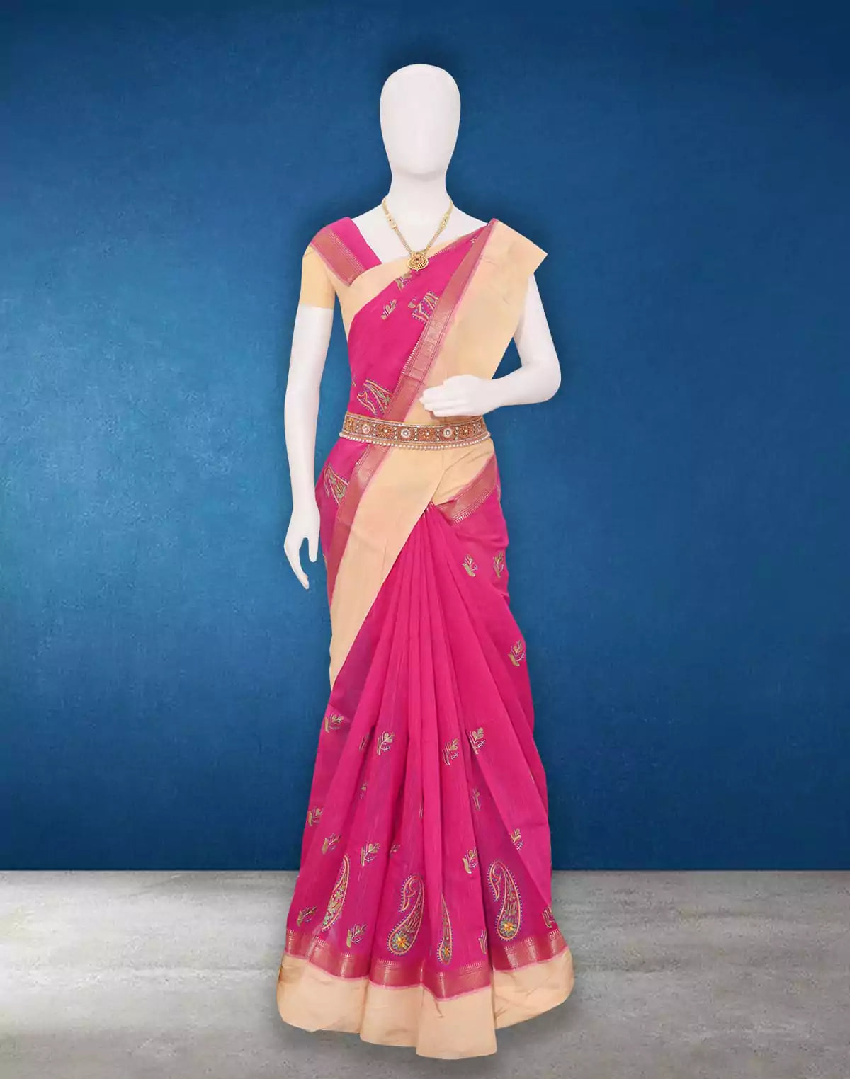 Image of Pink Sico Cotton Embroidery work Saree