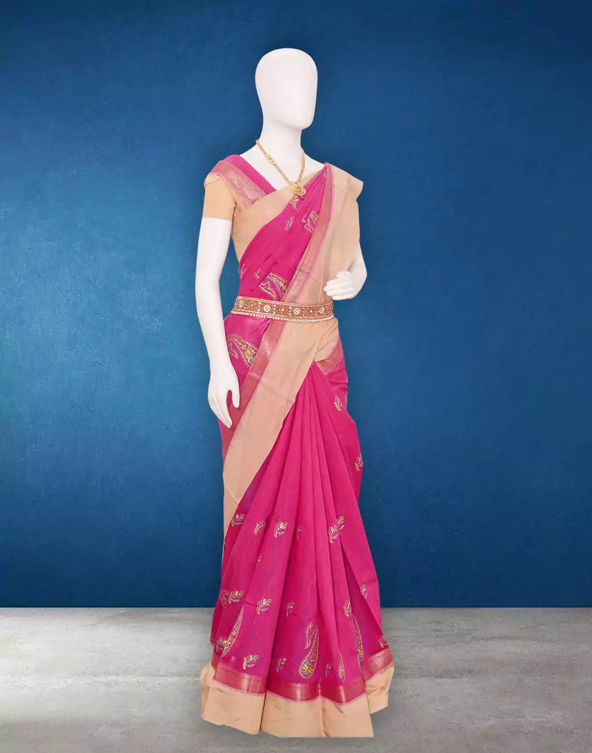 Image of Pink Sico Cotton Embroidery work Saree
