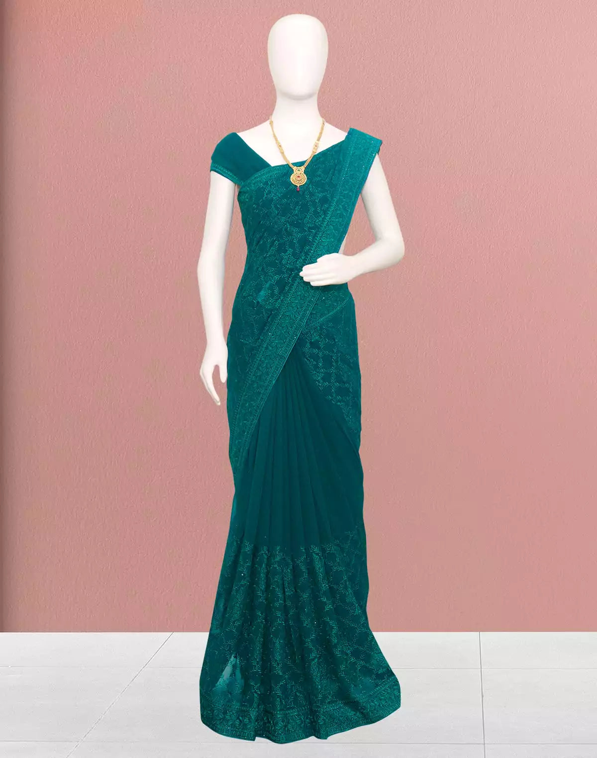 Image of Excellent Rama Green Colour Chikankari work Georgette Saree