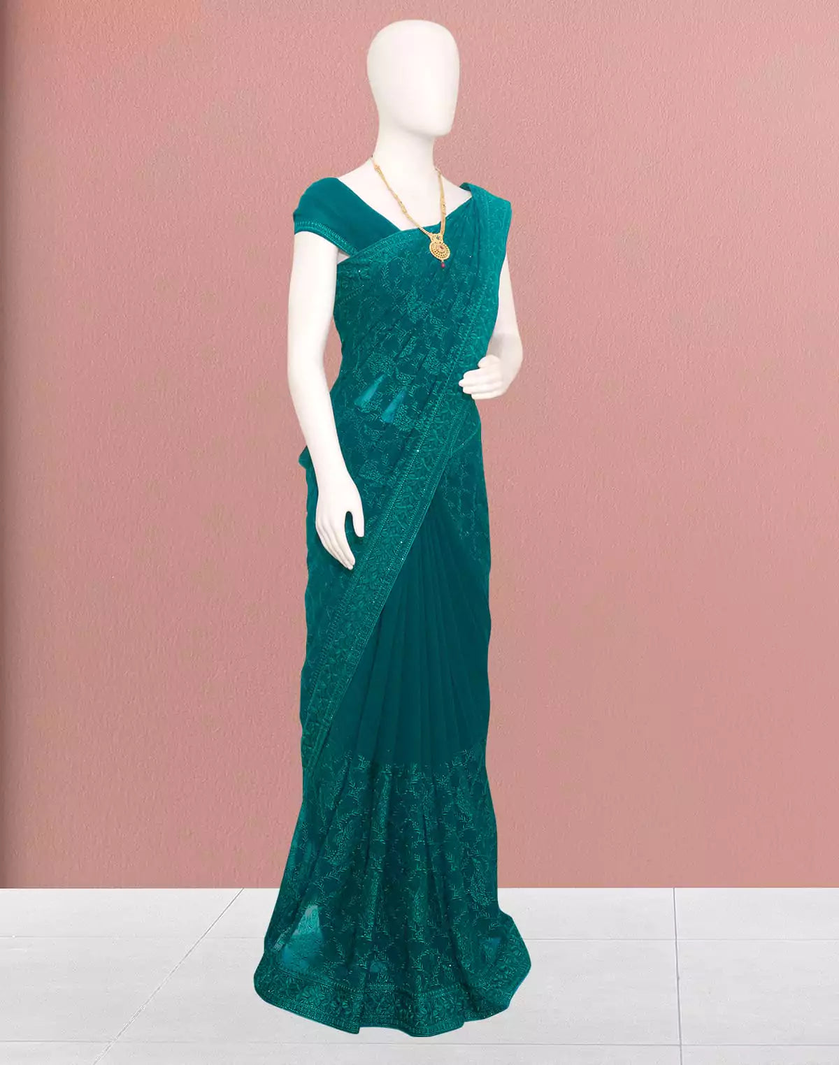 Image of Excellent Rama Green Colour Chikankari work Georgette Saree