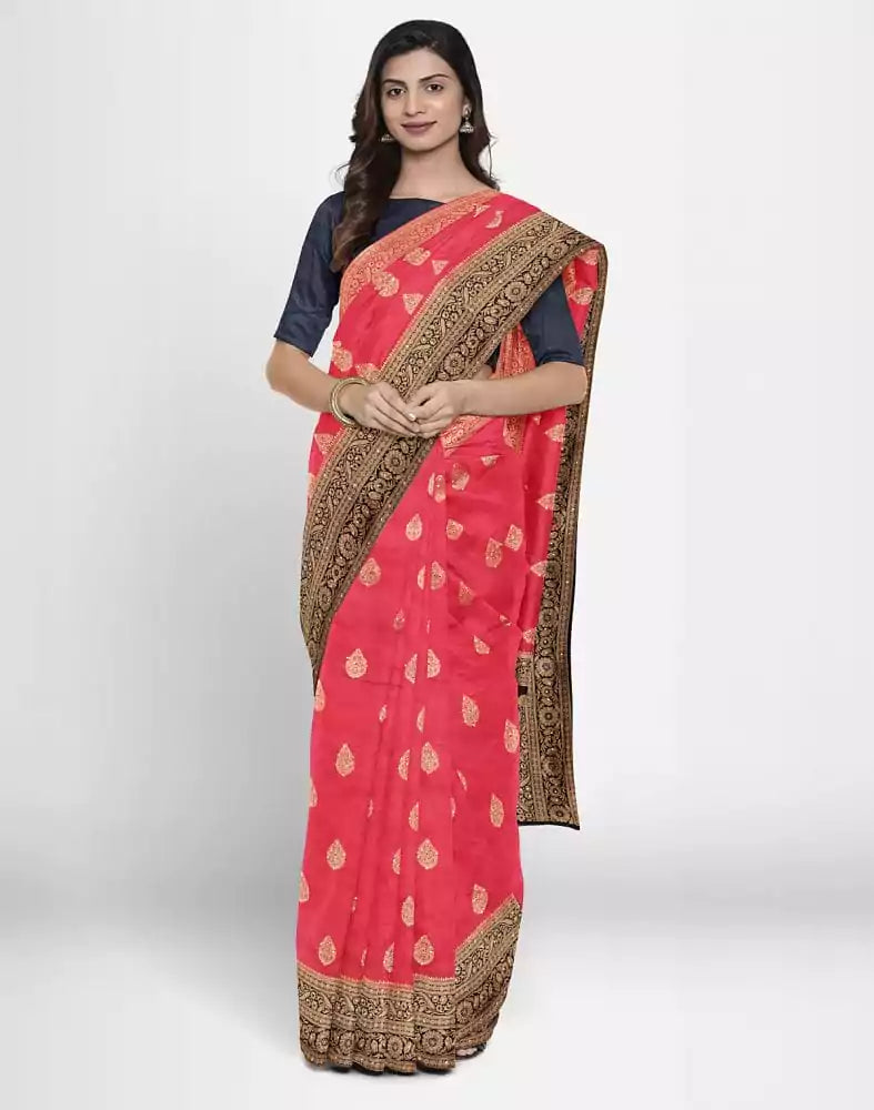 Image of Red Floral Stones work Banaras Fancy Saree