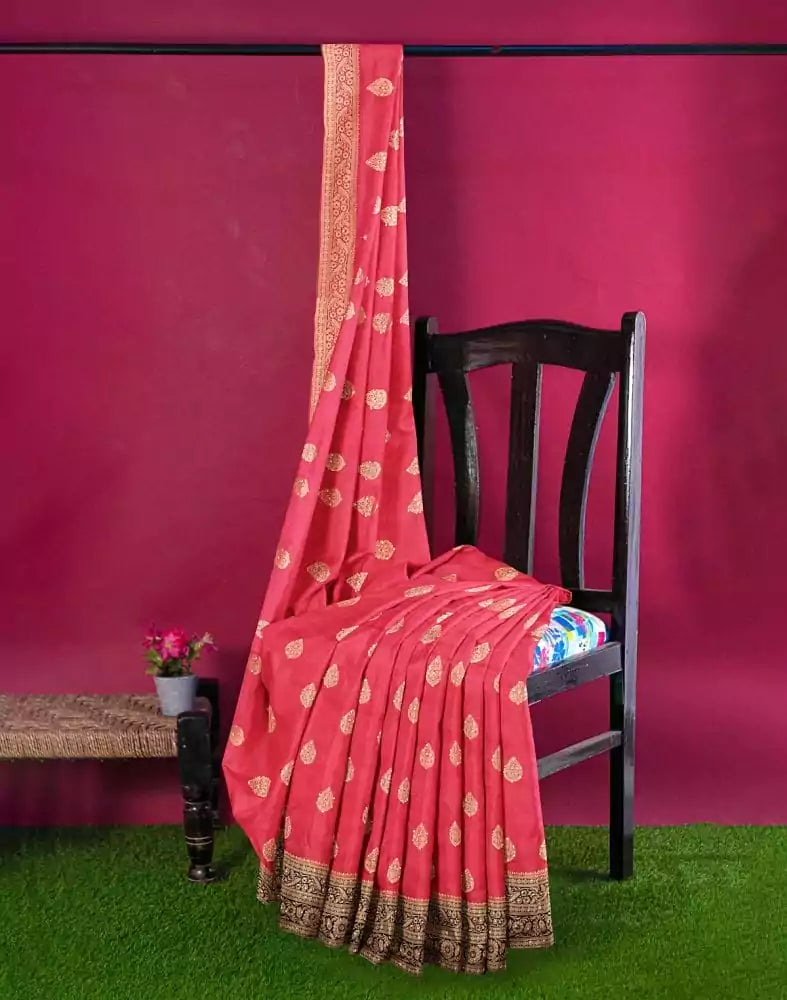 Image of Red Floral Stones work Banaras Fancy Saree