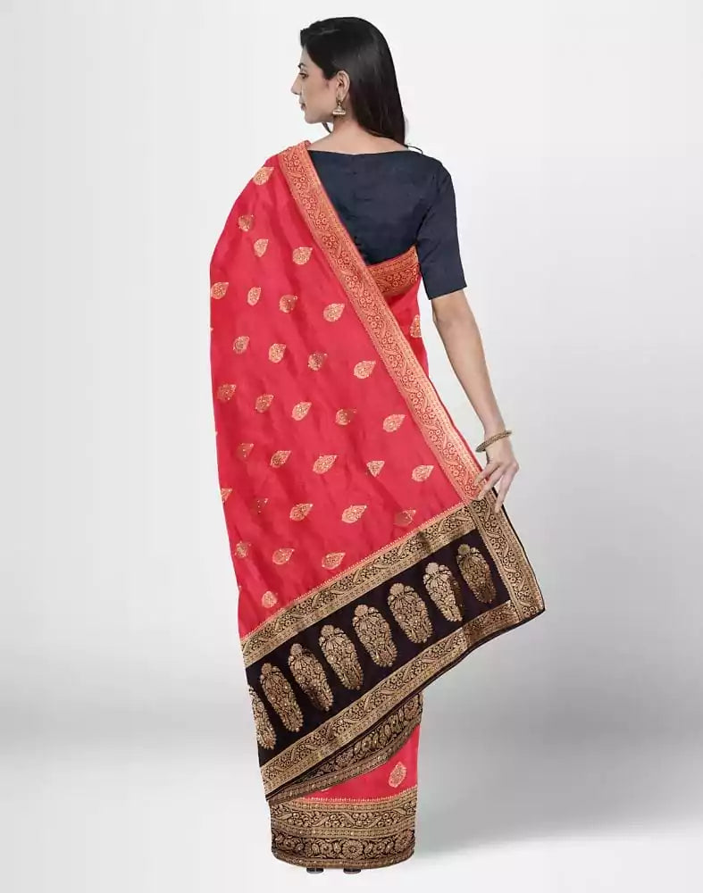 Image of Red Floral Stones work Banaras Fancy Saree