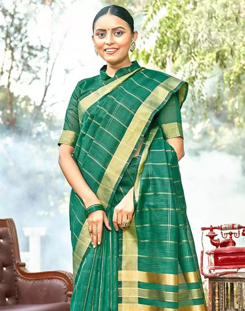 Image of Green Checkered Zari Cotton Silk Saree