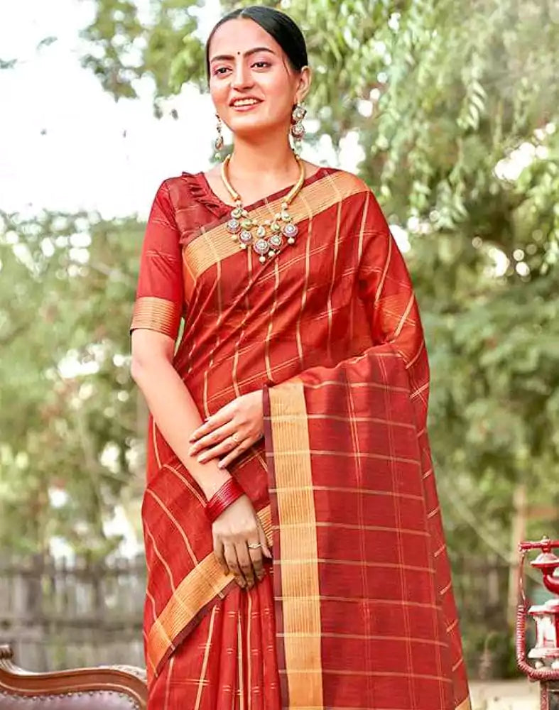 Image of Maroon Checkered Zari Cotton Silk Saree