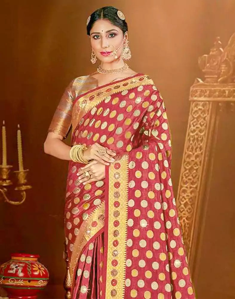 Image of Maroon Butta Stones Banaras Fancy Saree
