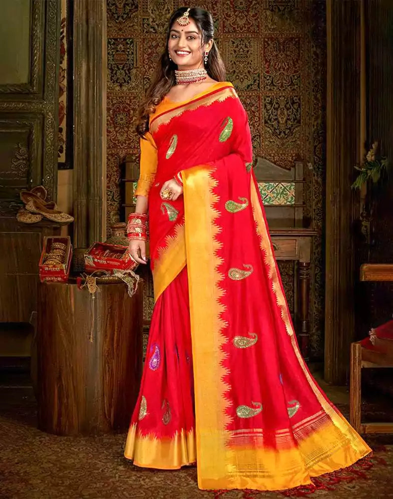 Image of Embroidery Work Red Plain Banaras Fancy Saree