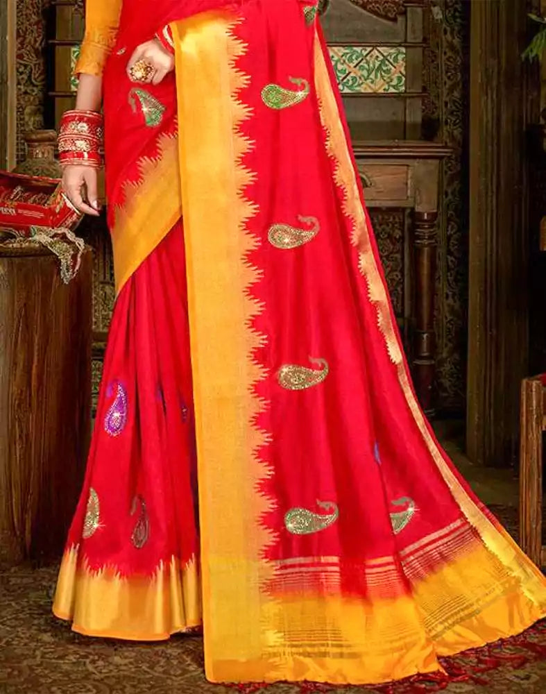 Image of Embroidery Work Red Plain Banaras Fancy Saree