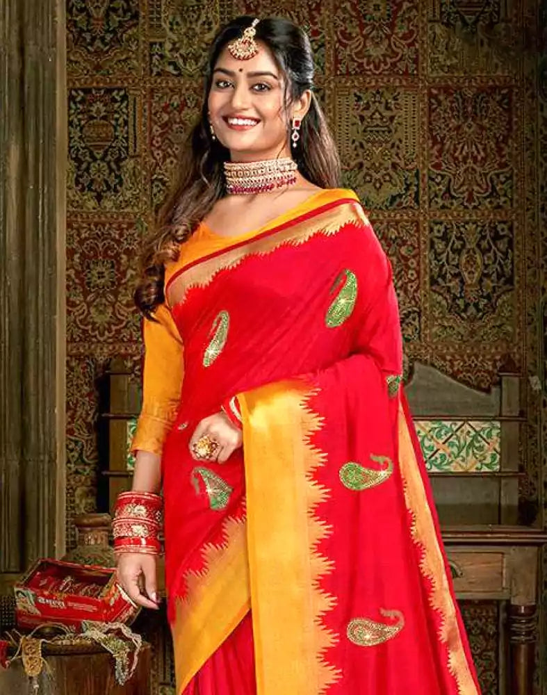 Image of Embroidery Work Red Plain Banaras Fancy Saree