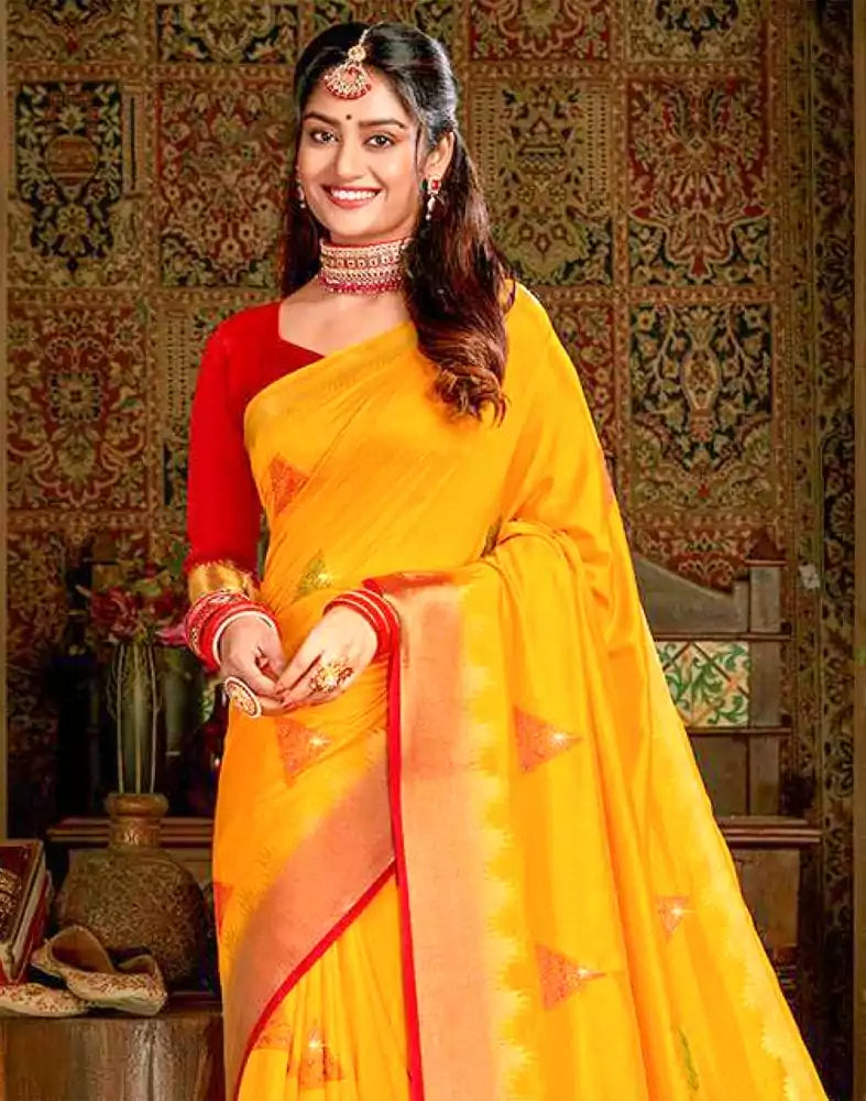 Image of Yellow Plain Embroidery Work Banaras Fancy Saree