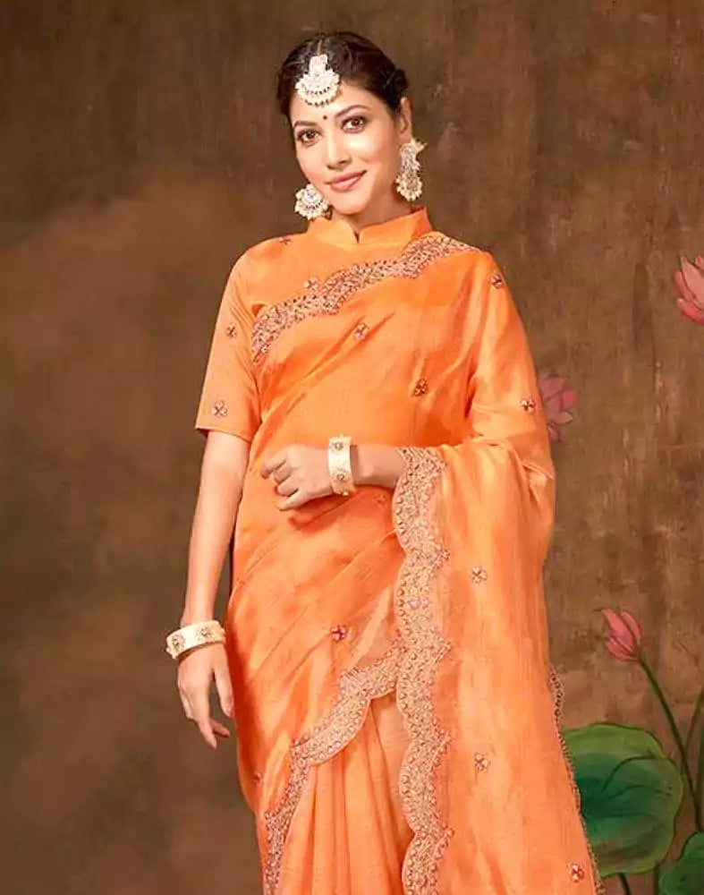 Image of Light Orange Checkered Embroidery Work Organza Saree