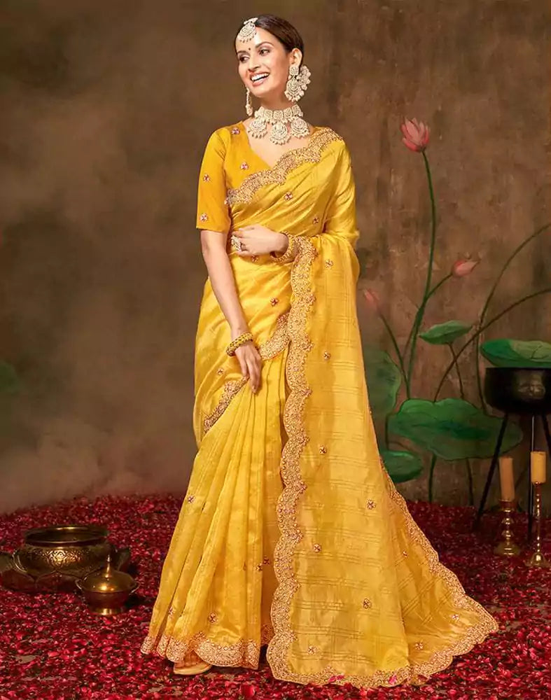Image of Yellow Checkered Embroidery Work Organza Saree