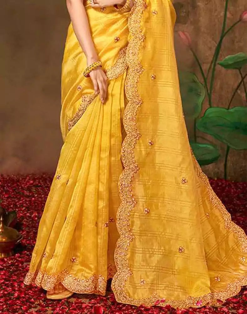 Image of Yellow Checkered Embroidery Work Organza Saree