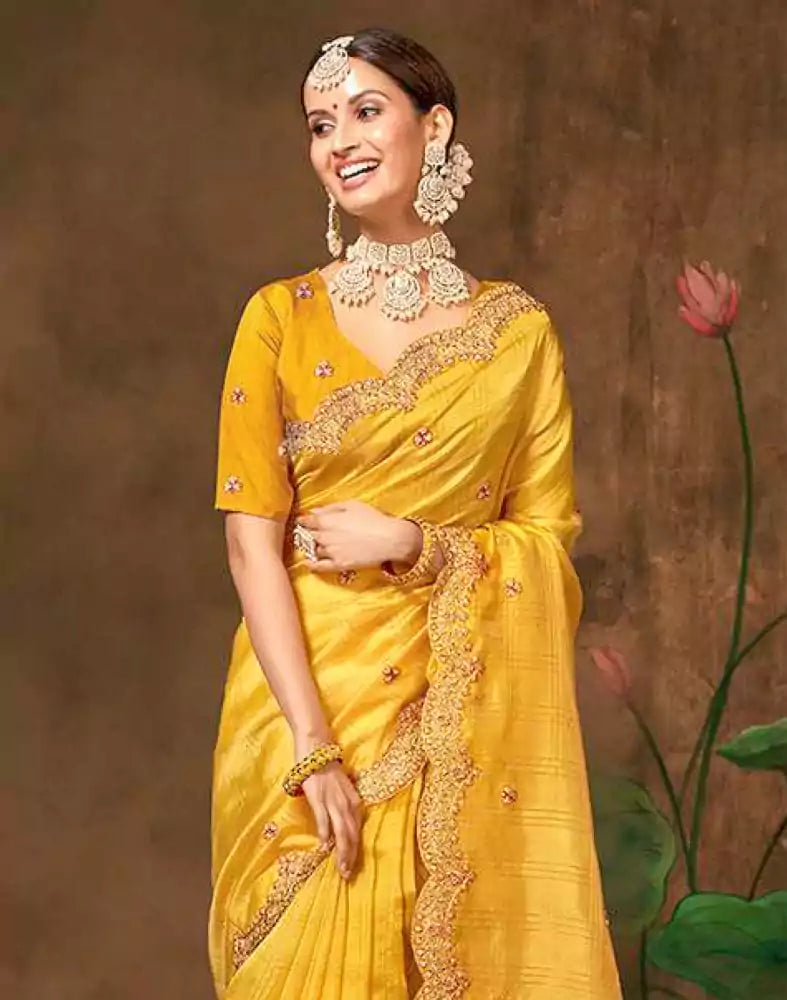 Image of Yellow Checkered Embroidery Work Organza Saree