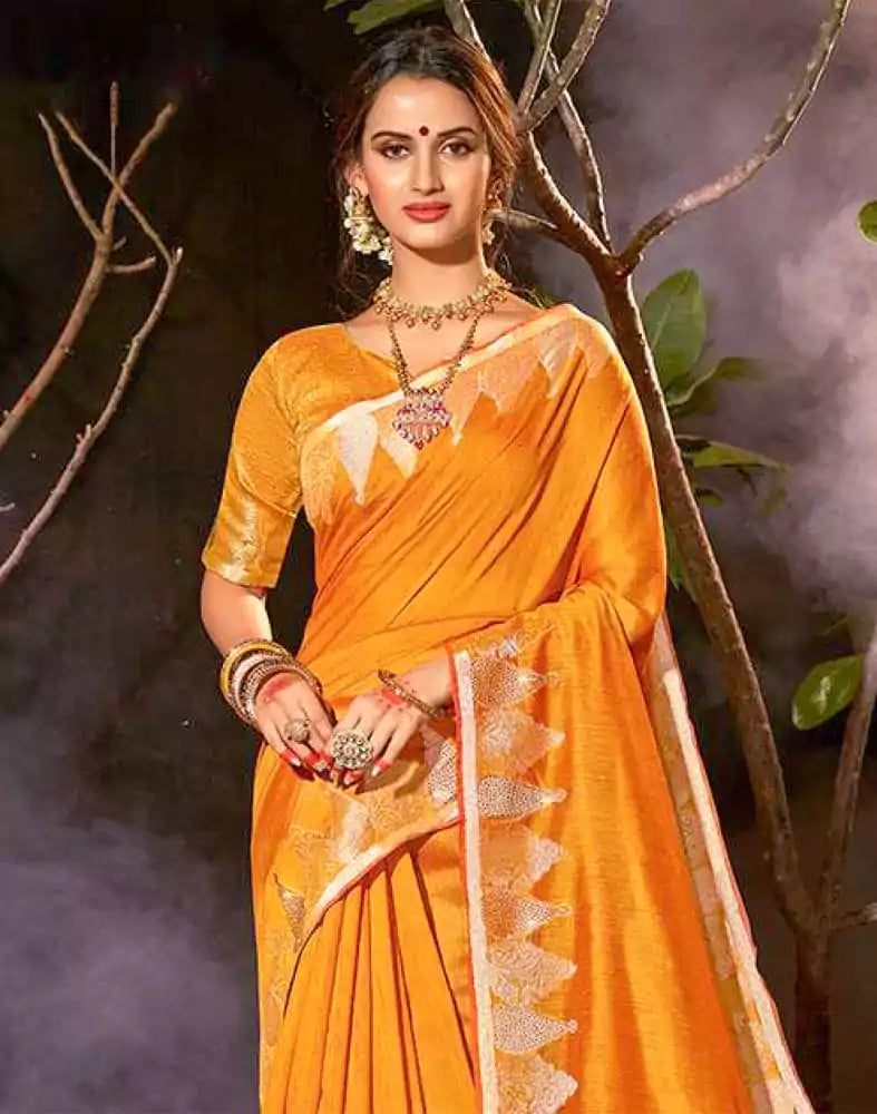 Image of Mustard Plain Zari Cotton Silk Saree