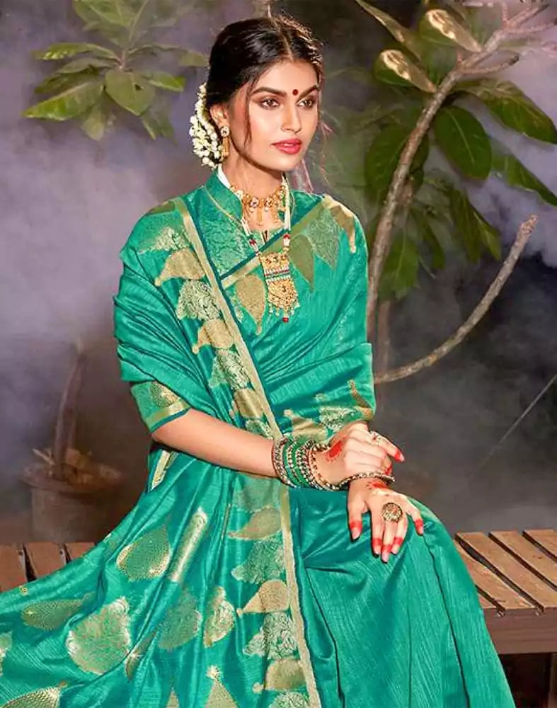Image of Green Plain Zari Cotton Silk Saree
