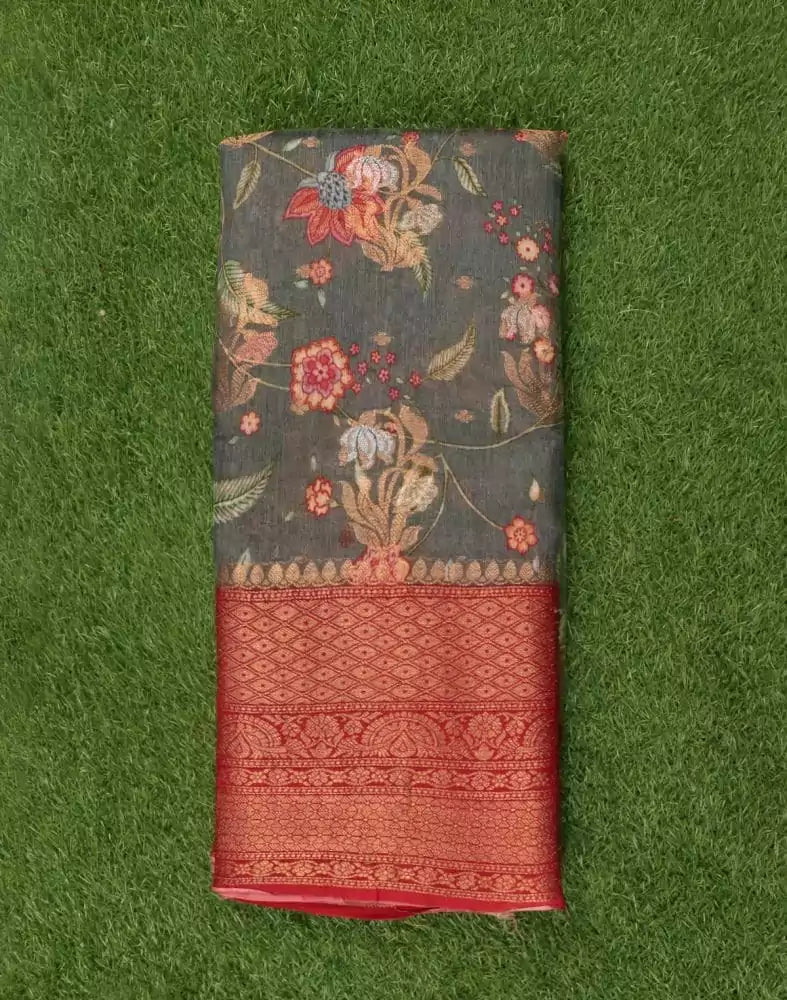 Image of Grey Floral Printed Bagalpuri Saree