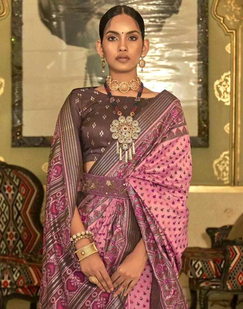 Image of Baby Pink Ikat Print Patola Saree
