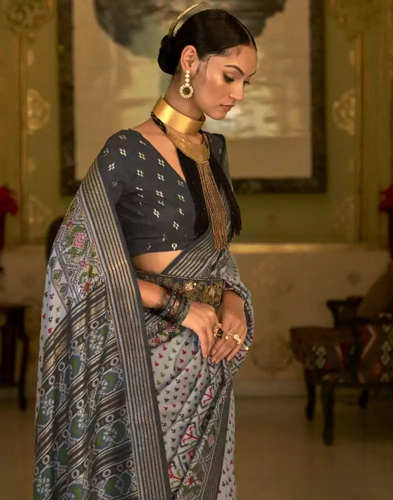 Image of Emerald Grey Ikat Print Soft Patola Silk Saree