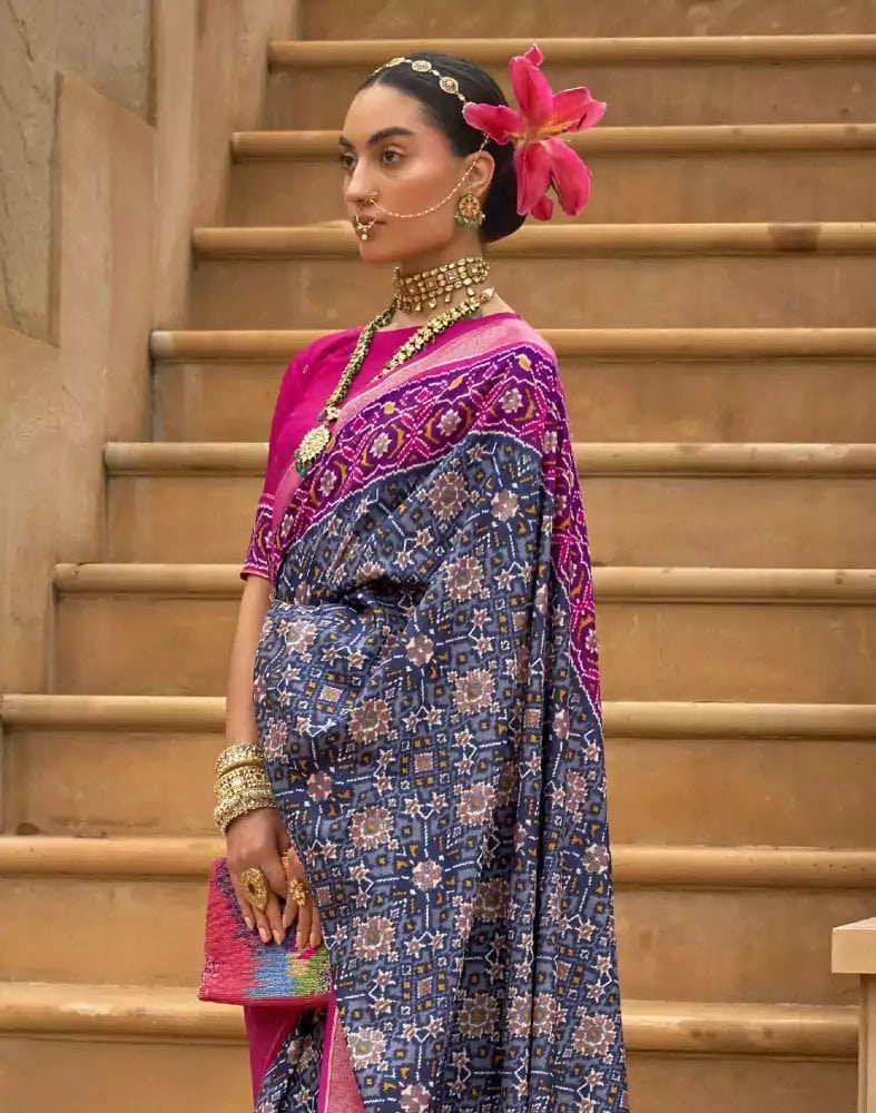 Image of Navy Blue Ikat Patola Fancy Saree