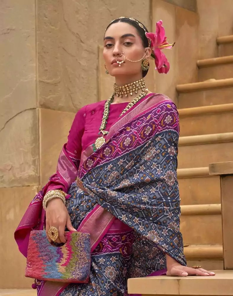 Image of Navy Blue Ikat Patola Fancy Saree