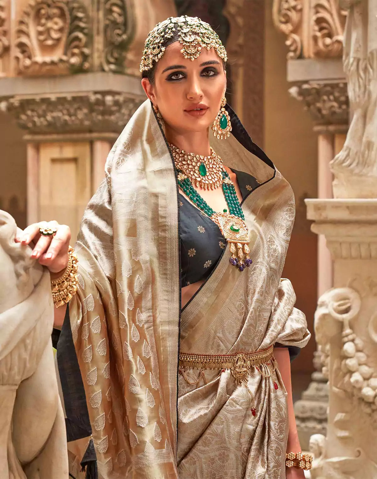 Image of Beige Woven design Banaras Patola Silk Saree