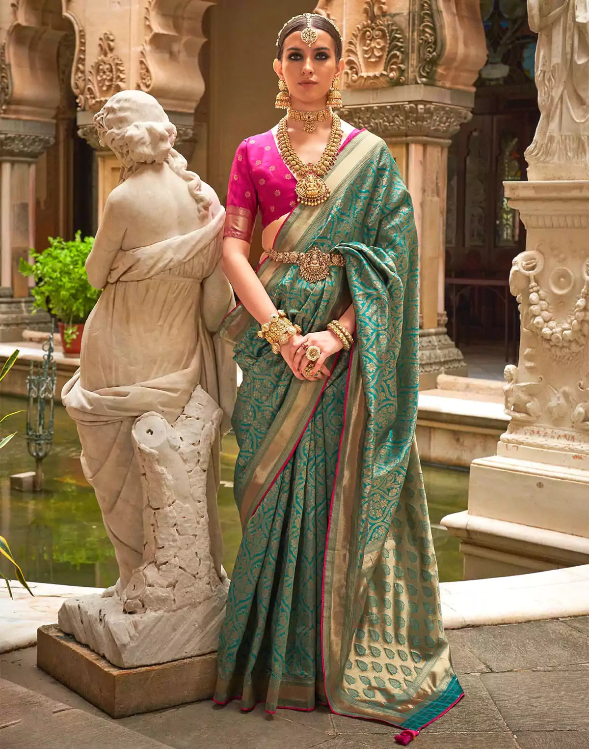 Image of Teal Green Floral Banaras Patola Silk Saree