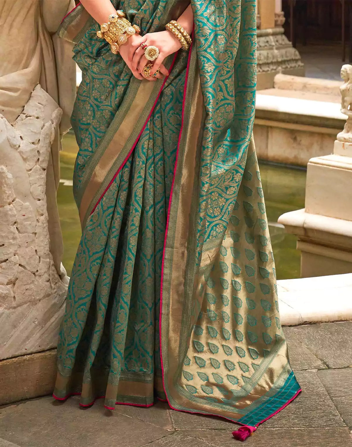 Image of Teal Green Floral Banaras Patola Silk Saree