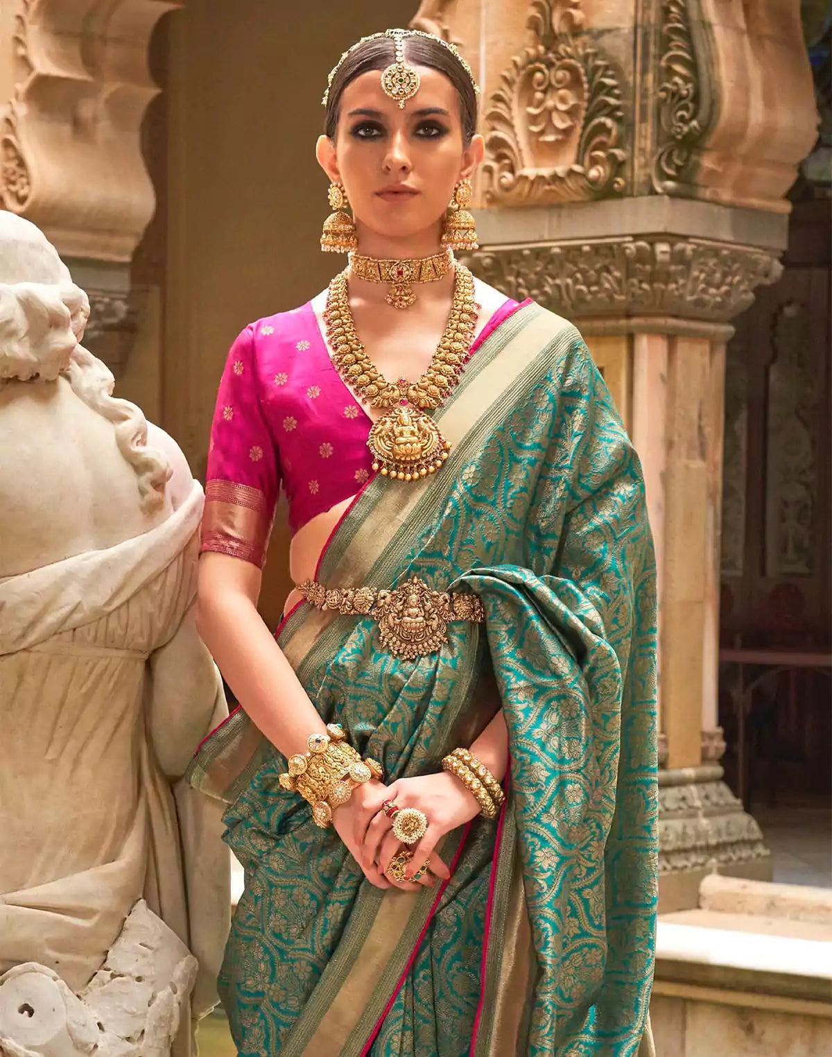 Image of Teal Green Floral Banaras Patola Silk Saree