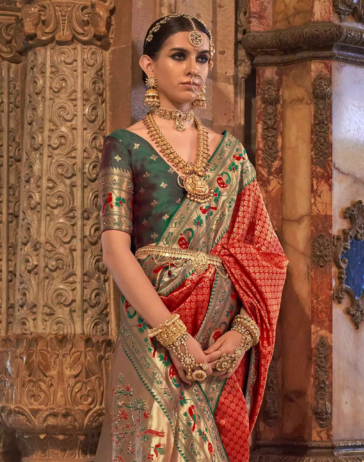 Image of Red Coloured Stylish Banaras Silk Stones work Brocade Saree