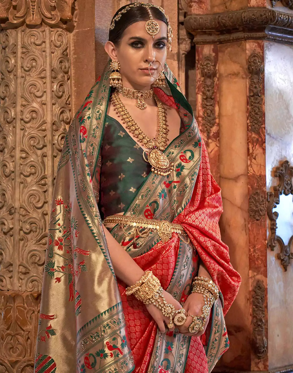 Image of Red Coloured Stylish Banaras Silk Stones work Brocade Saree