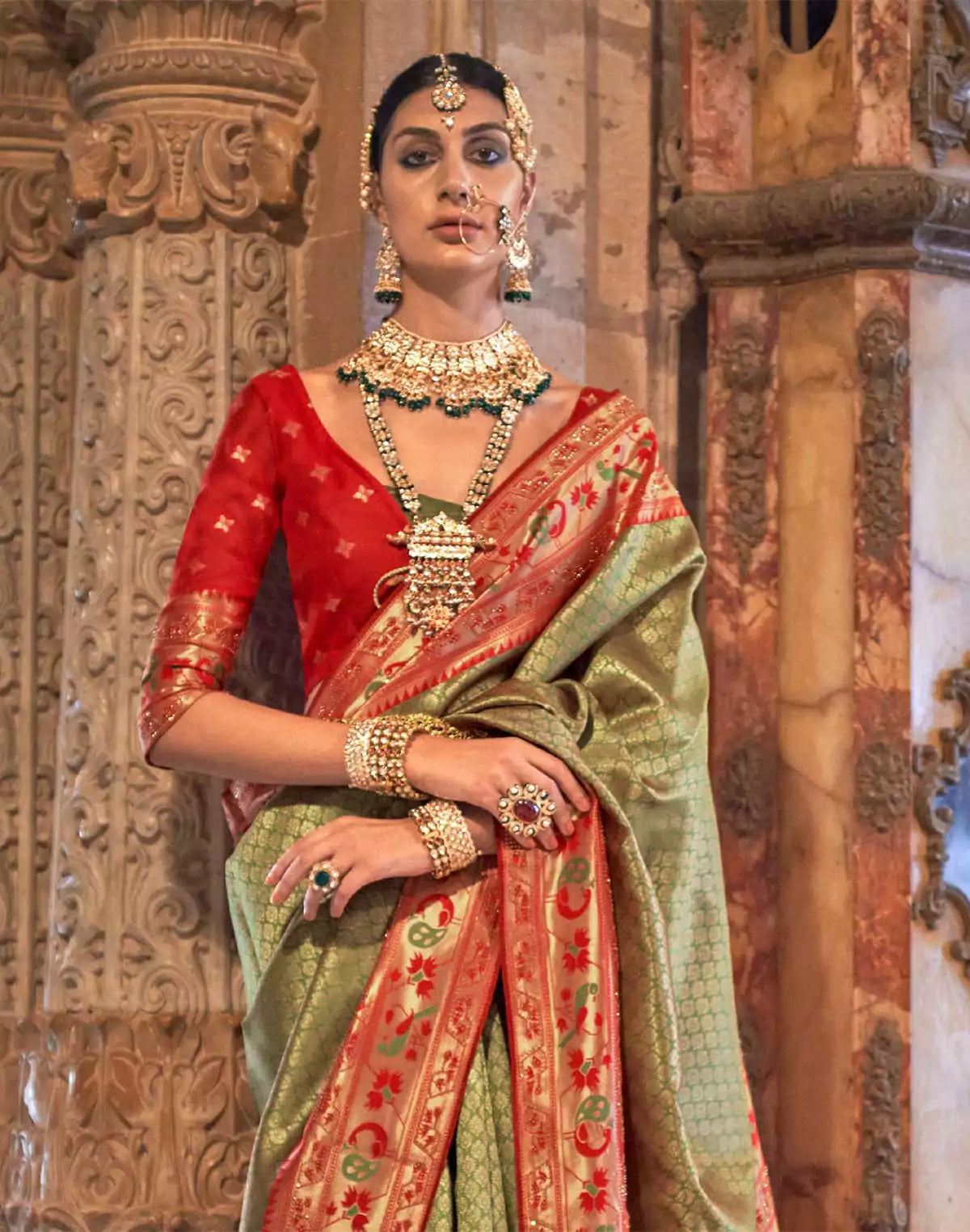 Image of Mehendi Green Banaras Silk Stones work Contrast Saree