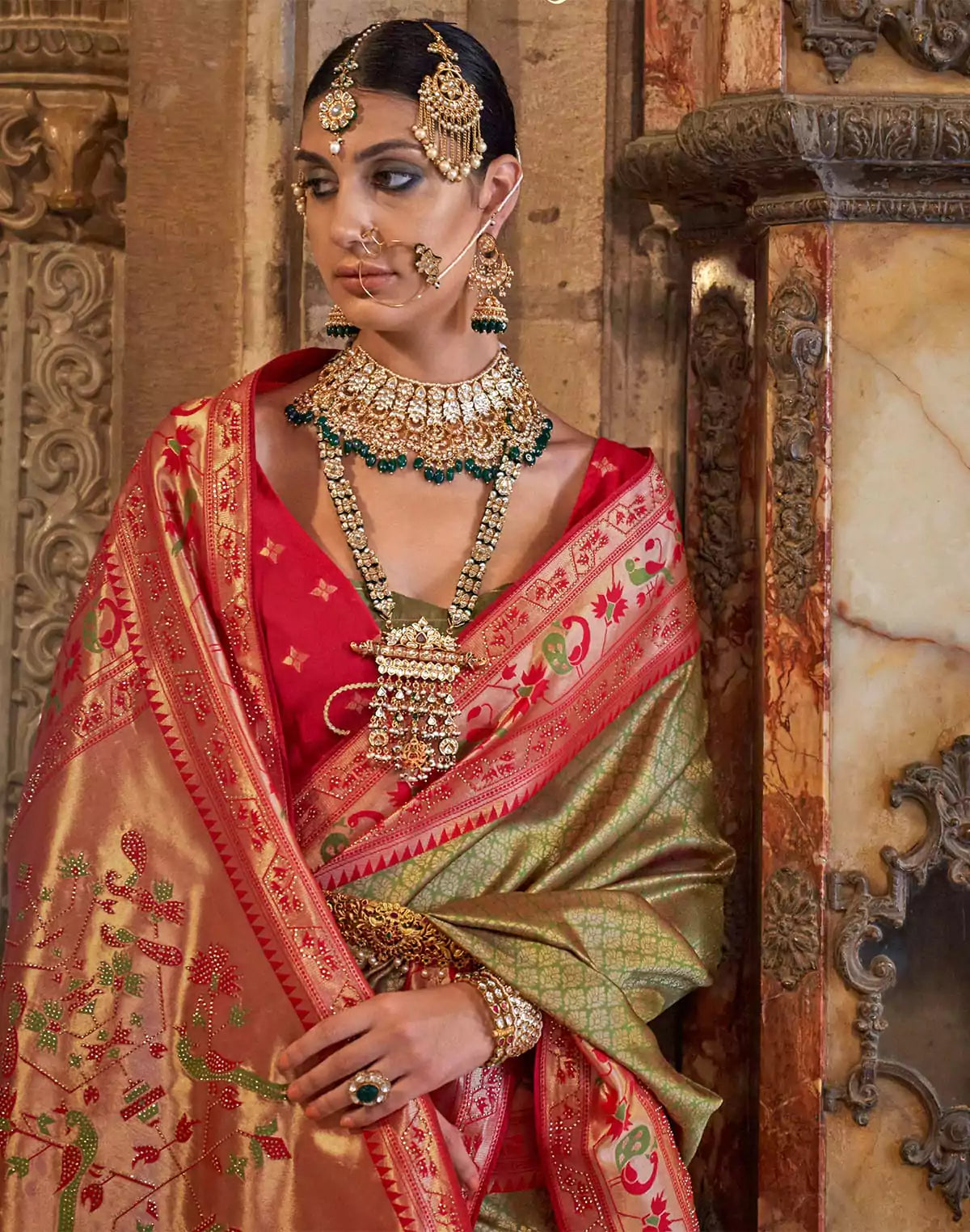 Image of Mehendi Green Banaras Silk Stones work Contrast Saree