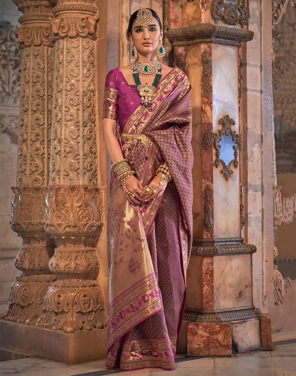 Image of Purple Stones work Banaras Silk Traditional Saree
