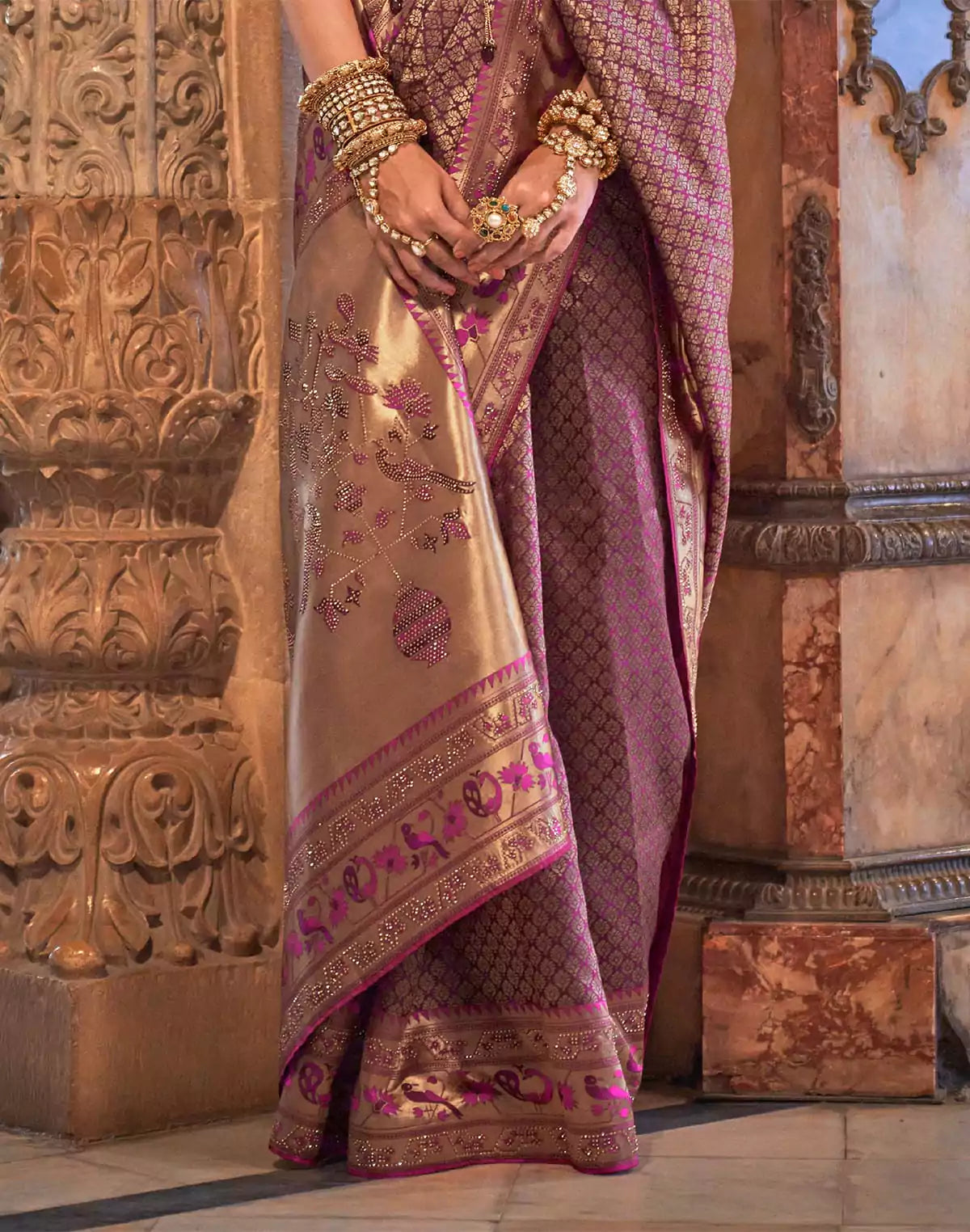 Image of Purple Stones work Banaras Silk Traditional Saree