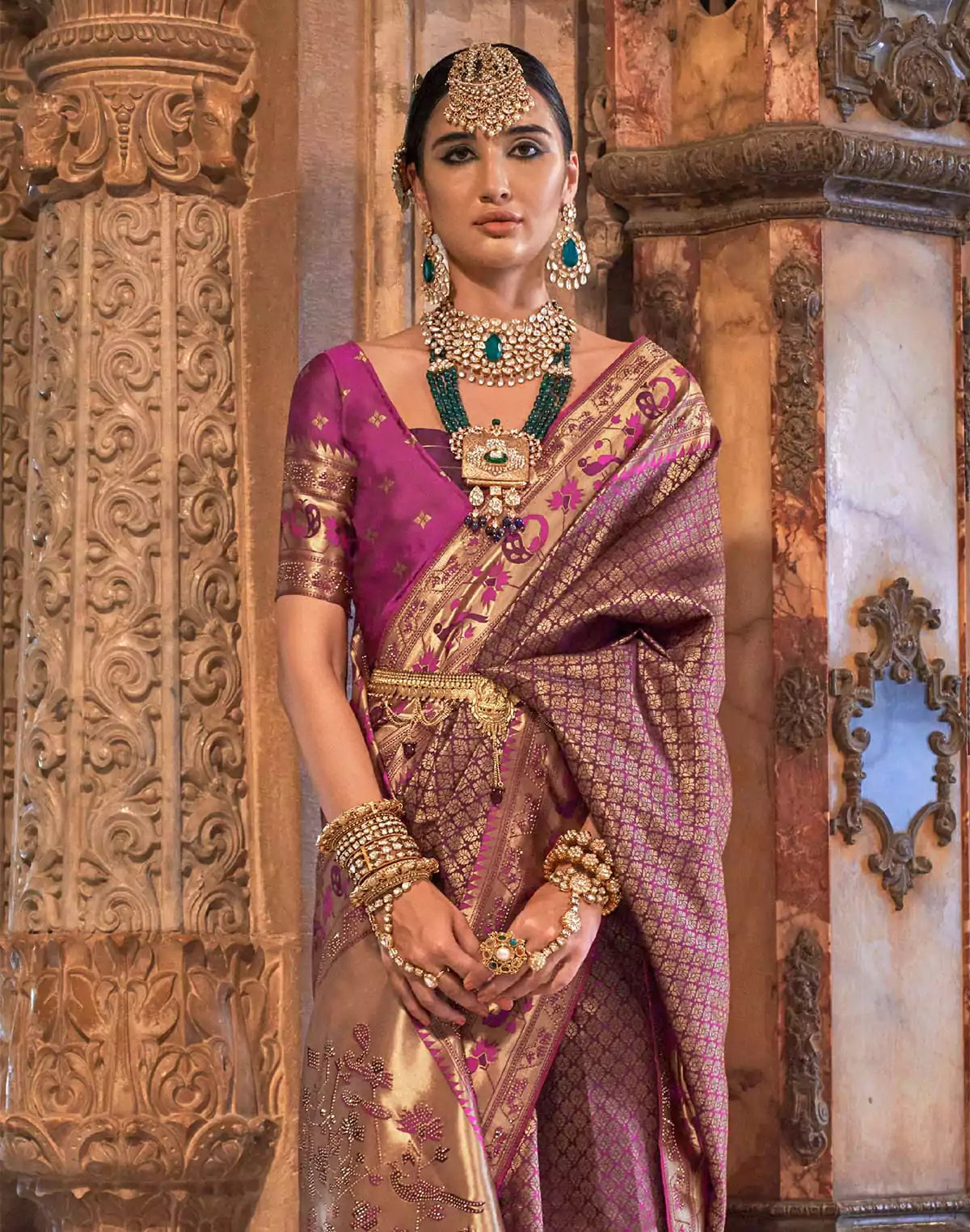 Image of Purple Stones work Banaras Silk Traditional Saree