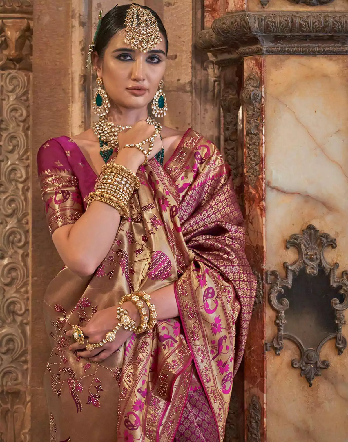 Image of Purple Stones work Banaras Silk Traditional Saree