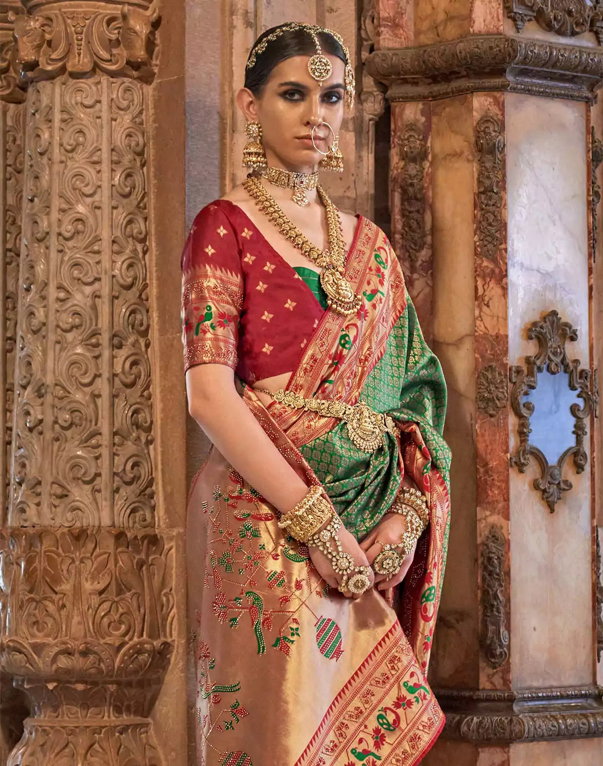 Image of Green and Maroon Brocade Banaras Silk Stones work Saree