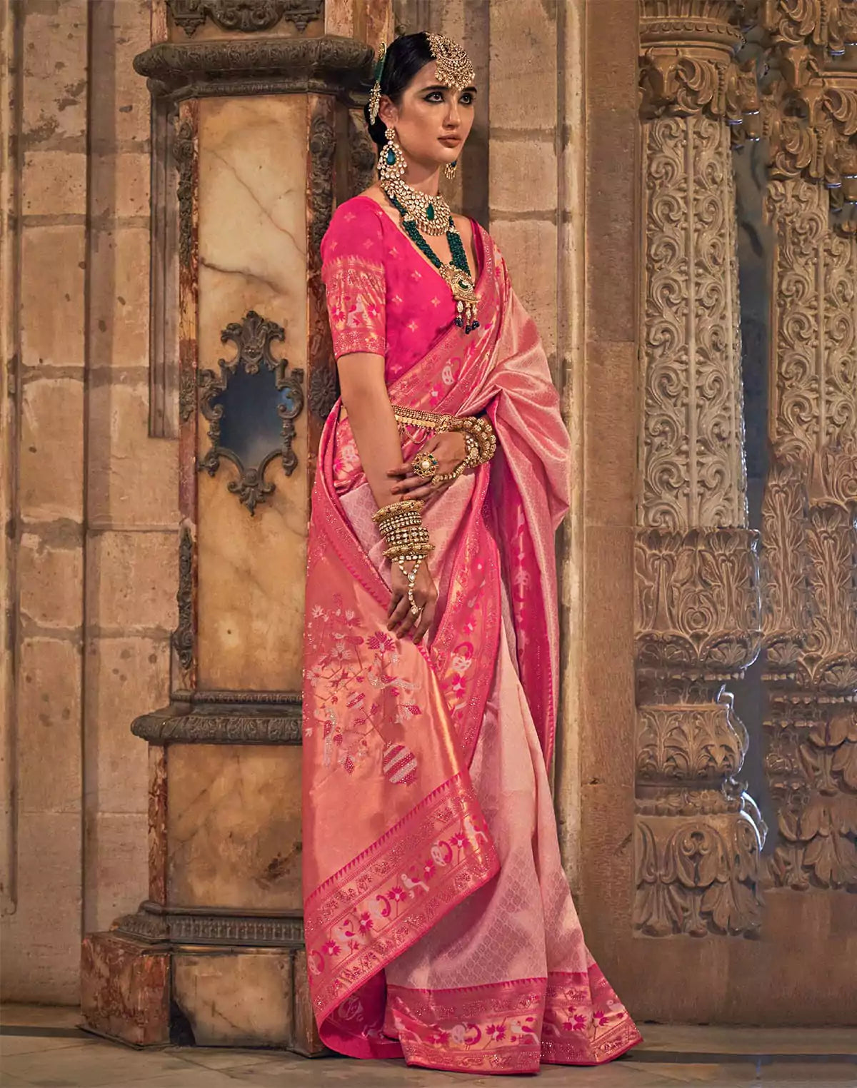 Image of Light Pink Brocade weaving Banaras Silk Stones Saree