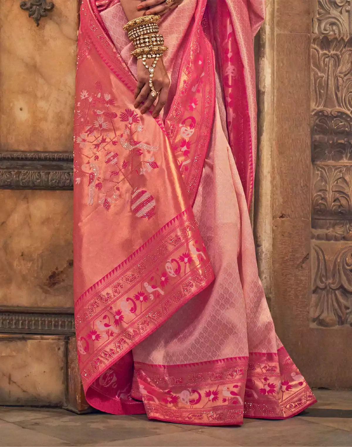Image of Light Pink Brocade weaving Banaras Silk Stones Saree
