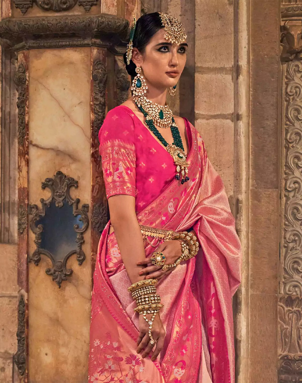 Image of Light Pink Brocade weaving Banaras Silk Stones Saree