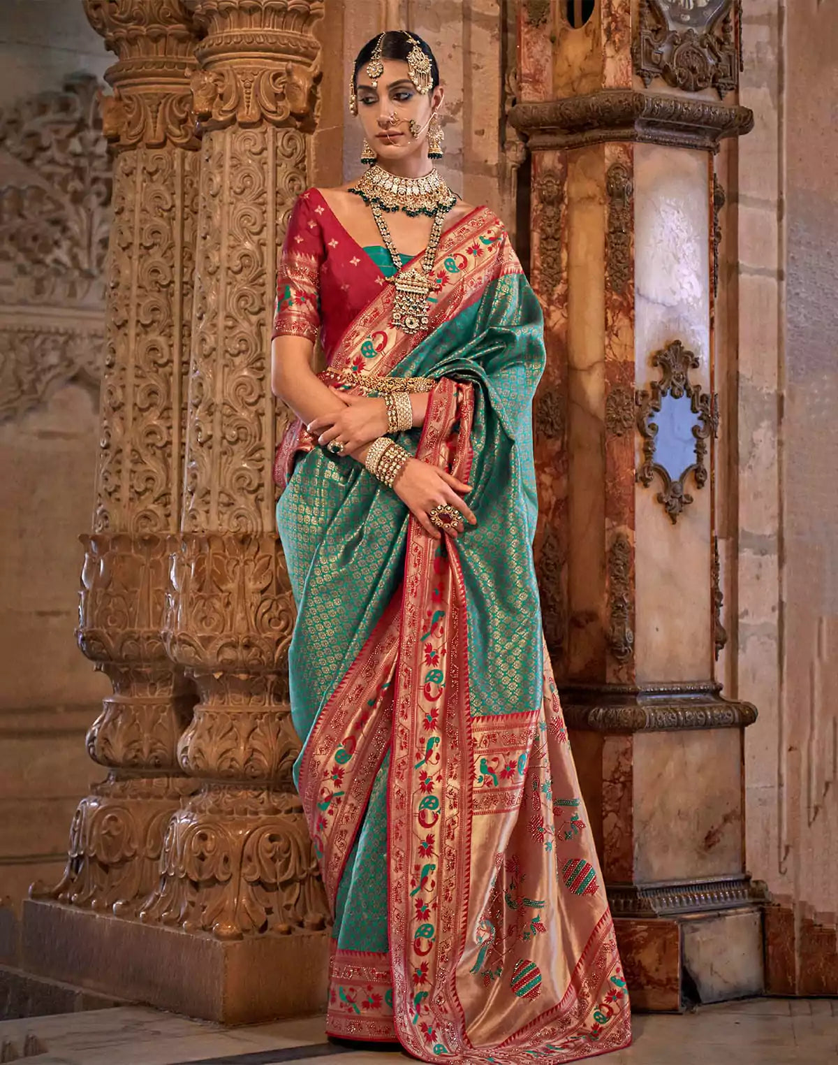 Image of Turquoise Banaras Silk Brocade weaving Saree
