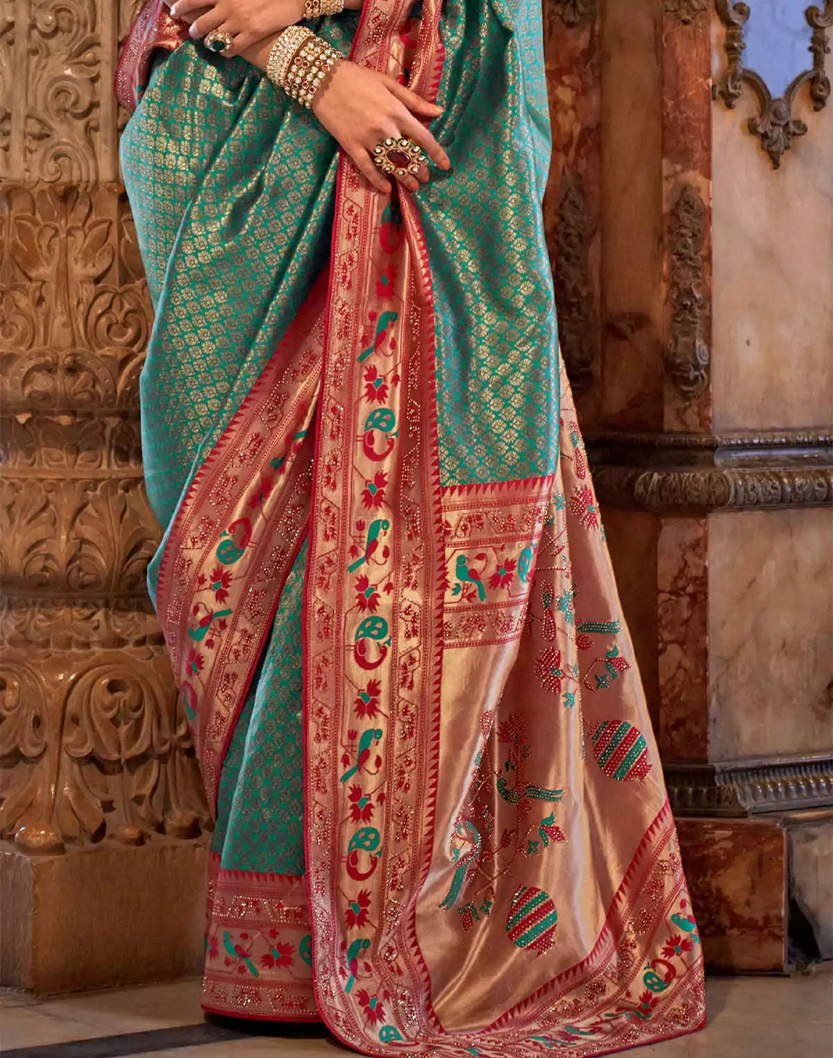 Image of Turquoise Banaras Silk Brocade weaving Saree