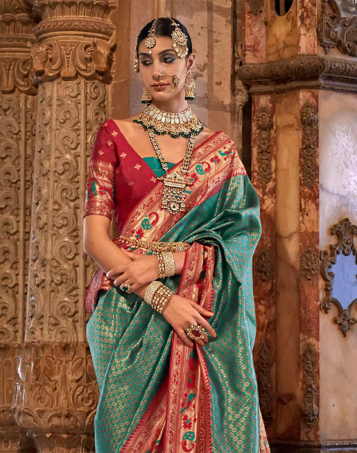 Image of Turquoise Banaras Silk Brocade weaving Saree